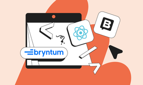 Tablet illustration with Bryntum logo, floating React and Bootstrap icons, code brackets, cursor and orange abstract shapes.