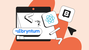 Tablet illustration with Bryntum logo, floating React and Bootstrap icons, code brackets, cursor and orange abstract shapes.
