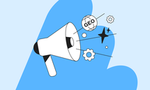Illustration of a megaphone on a blue background emitting symbols: globe with "GEO," gears, and stars, suggesting communication themes.