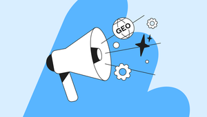 Illustration of a megaphone on a blue background emitting symbols: globe with "GEO," gears, and stars, suggesting communication themes.