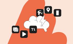 Illustration of a cloud with a lightning bolt, surrounded by icons for music, map, phone, image, play button, and text, on an abstract backdrop.