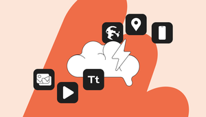 Illustration of a cloud with a lightning bolt, surrounded by icons for music, map, phone, image, play button, and text, on an abstract backdrop.