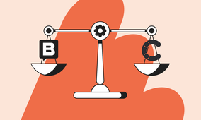 Illustration of a balance scale with a "B" on one side and a magnet on the other, set against an abstract orange background.