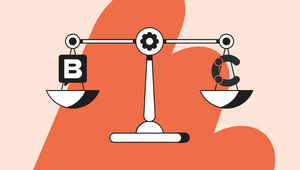 Illustration of a balance scale with a "B" on one side and a magnet on the other, set against an abstract orange background.