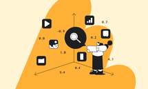 Illustration of a person with a laptop standing beside a 3D coordinate system filled with icons for images, video, chat, analytics, and files, symbolizing how vector databases position content as vectors.