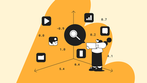 Illustration of a person with a laptop standing beside a 3D coordinate system filled with icons for images, video, chat, analytics, and files, symbolizing how vector databases position content as vectors.