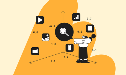 Illustration of a person with a laptop standing beside a 3D coordinate system filled with icons for images, video, chat, analytics, and files, symbolizing how vector databases position content as vectors.