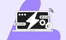 Illustration of a laptop with a lightning bolt on the screen, featuring Sitecore and Storyblok logos and two gear icons, on a purple background.