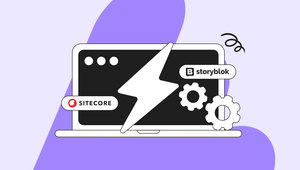 Illustration of a laptop with a lightning bolt on the screen, featuring Sitecore and Storyblok logos and two gear icons, on a purple background.