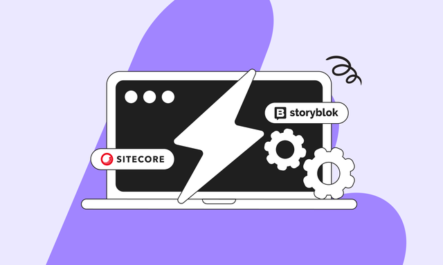 Illustration of a laptop with a lightning bolt on the screen, featuring Sitecore and Storyblok logos and two gear icons, on a purple background.