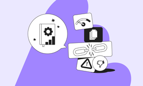 Broken link, warning, and thumbs-down icons beside a speech bubble showing a book with gear and bar chart on a purple background.