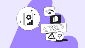 Broken link, warning, and thumbs-down icons beside a speech bubble showing a book with gear and bar chart on a purple background.