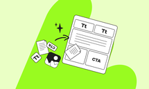Illustration of a webpage layout with text boxes, images, and a CTA button, surrounded by scattered icons and documents on a blue background.