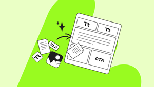 Illustration of a webpage layout with text boxes, images, and a CTA button, surrounded by scattered icons and documents on a blue background.