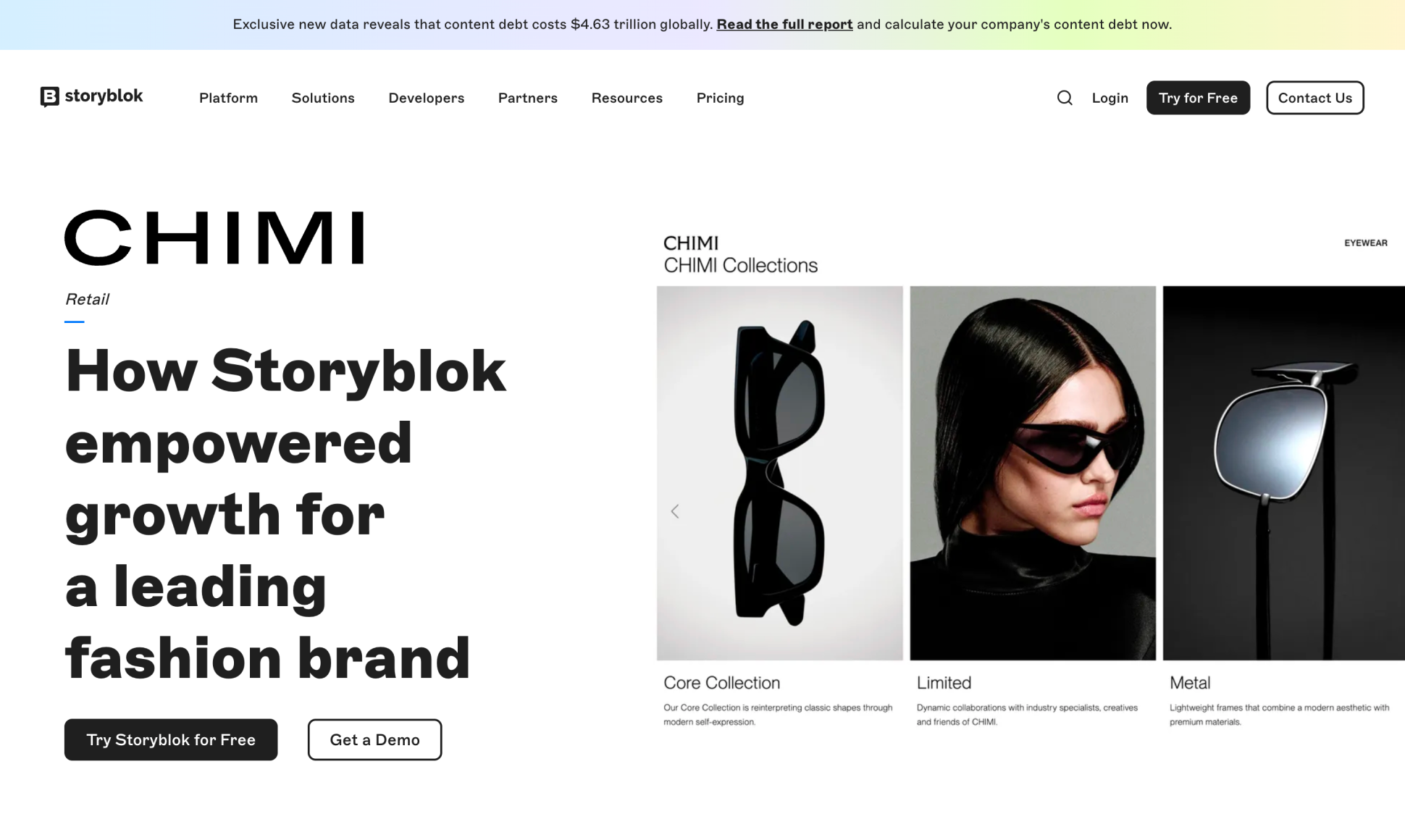 Storyblok webpage highlighting how it supports growth for CHIMI, featuring images of sunglasses from different collections.