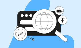 Illustration of a web browser with a globe under a magnifying glass, a stopwatch showing 5:00, and icons of a robot and sparkles on a blue background.