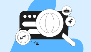 Illustration of a web browser with a globe under a magnifying glass, a stopwatch showing 5:00, and icons of a robot and sparkles on a blue background.