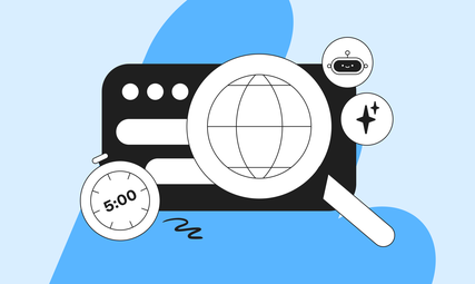 Illustration of a web browser with a globe under a magnifying glass, a stopwatch showing 5:00, and icons of a robot and sparkles on a blue background.