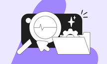 Magnifying glass and arrow over a pulse line icon, with a folder and gear, on a purple and black background.