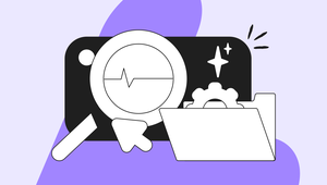 Magnifying glass and arrow over a pulse line icon, with a folder and gear, on a purple and black background.