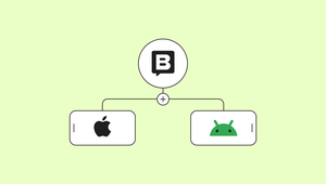 Illustration of a chat app icon connected to Apple and Android logos, indicating compatibility or integration with both platforms.