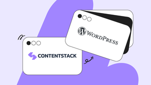 Graphic featuring two cards: one with the Contentstack logo and the other with the WordPress logo, set against a purple background.