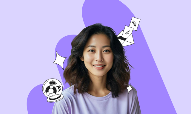 Smiling woman with wavy hair on a purple background, surrounded by playful graphic icons like a camera and envelope.