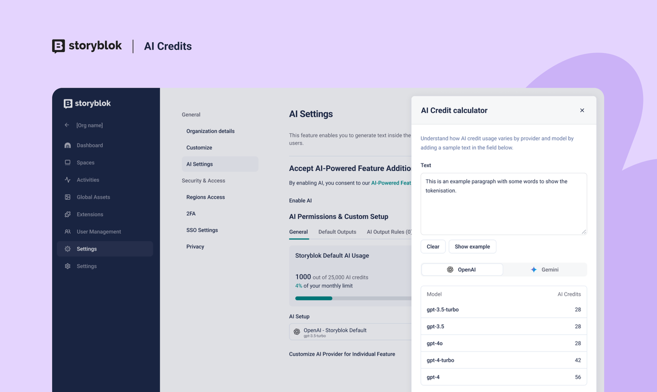 Dashboard interface for AI settings and credit calculator on Storyblok, featuring options for AI permissions, output usage, and model selection.