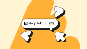 Storyblok and AWS logos on an orange background with stylized arrows pointing towards them.