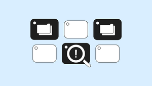 Grid of six black and white icons on a light blue background, including folders and a magnifying glass with an exclamation mark.