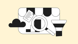 Illustration of a storefront awning, cloud, document, magnifying glass, and funnel, symbolizing online business and analytics.