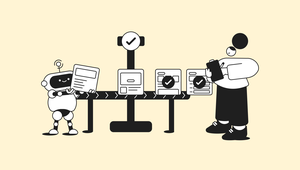 Illustration of a robot and a person, both holding documents with checkmarks, standing beside a conveyor belt with documents.