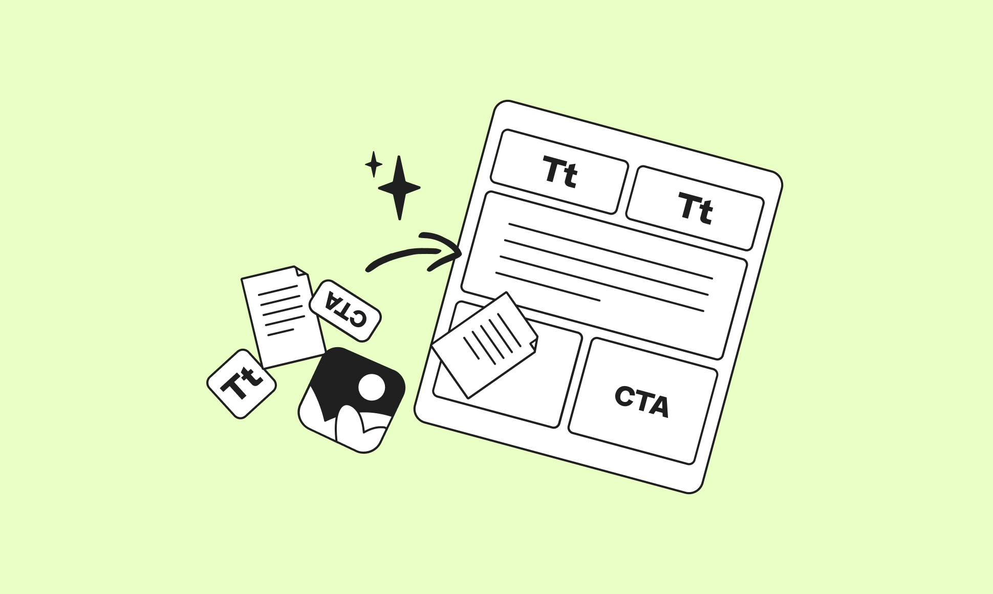 Icons of text, images, and CTA floating toward a webpage layout design against a light green background, symbolizing web content creation.