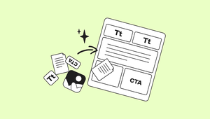 Icons of text, images, and CTA floating toward a webpage layout design against a light green background, symbolizing web content creation.