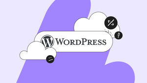 WordPress logo surrounded by clouds and icons on a purple background, featuring a sad face, code symbol, and exclamation mark.