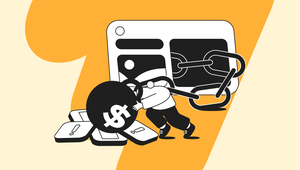 A person pushes a large dollar sign against a chain linked to a web browser window, symbolizing financial constraints or digital transactions.