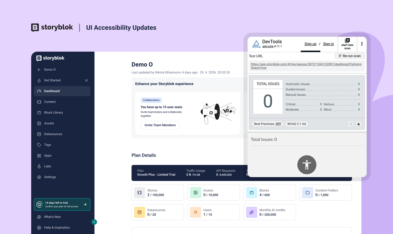Storyblok dashboard showcasing UI accessibility updates with zero detected issues, plan details, and collaboration options.
