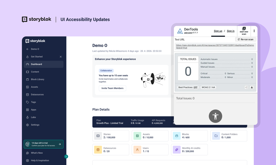 Storyblok dashboard showcasing UI accessibility updates with zero detected issues, plan details, and collaboration options.