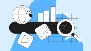 Abstract illustration with a globe, bar chart, magnifying glass, and icons on a blue and white background, symbolizing seo.