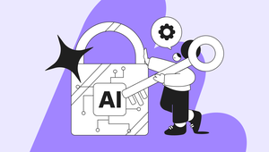 Illustration of a person holding a large key, unlocking a shiny glass padlock labeled "AI," with a gear symbol above. Purple abstract background.