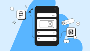 Illustration of a mobile interface with design elements, icons, and arrows on a blue background, symbolizing app development.