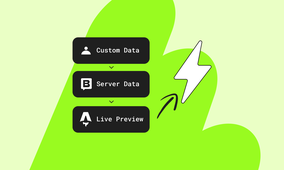 Illustration showing "Custom Data," "Server Data," and "Live Preview" buttons with a lightning bolt and arrow on a lime green background.