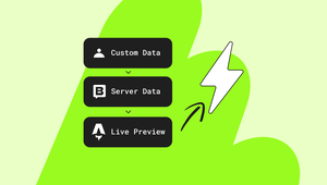 Illustration showing "Custom Data," "Server Data," and "Live Preview" buttons with a lightning bolt and arrow on a lime green background.