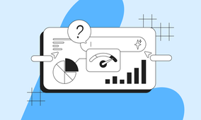 Illustration of a dashboard with pie and bar charts, a speedometer gauge, and a question mark, on a blue abstract background.