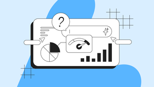 Illustration of a dashboard with pie and bar charts, a speedometer gauge, and a question mark, on a blue abstract background.