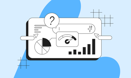 Illustration of a dashboard with pie and bar charts, a speedometer gauge, and a question mark, on a blue abstract background.