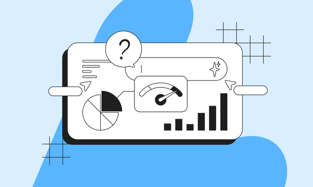 Illustration of a dashboard with pie and bar charts, a speedometer gauge, and a question mark, on a blue abstract background.