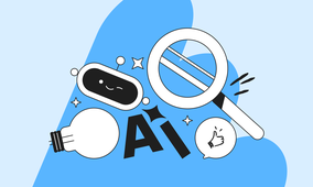 Illustration of a smiling robot face, magnifying glass, light bulb, "AI" text, and a thumbs-up symbol on a blue background.