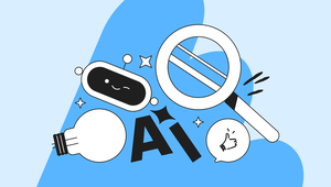 Illustration of a smiling robot face, magnifying glass, light bulb, "AI" text, and a thumbs-up symbol on a blue background.