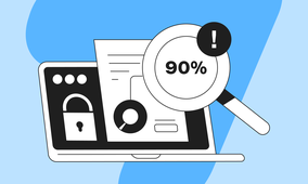 Laptop displaying a lock icon, document, and magnifying glass showing "90%" with exclamation mark, set against a blue background.